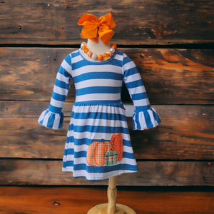 Girl's Blue Striped Fall Pumpkin Dress