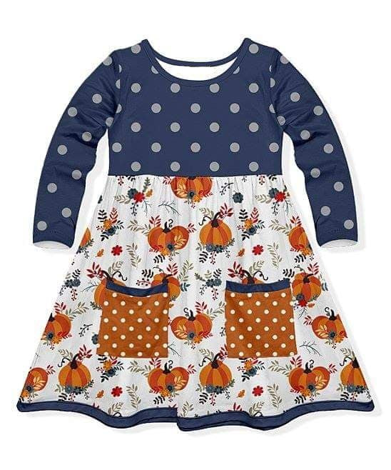 Girl's Pumpkins, Pockets & Polka Dots Twirl Dress