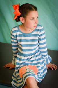 Girl's Blue Striped Fall Pumpkin Dress